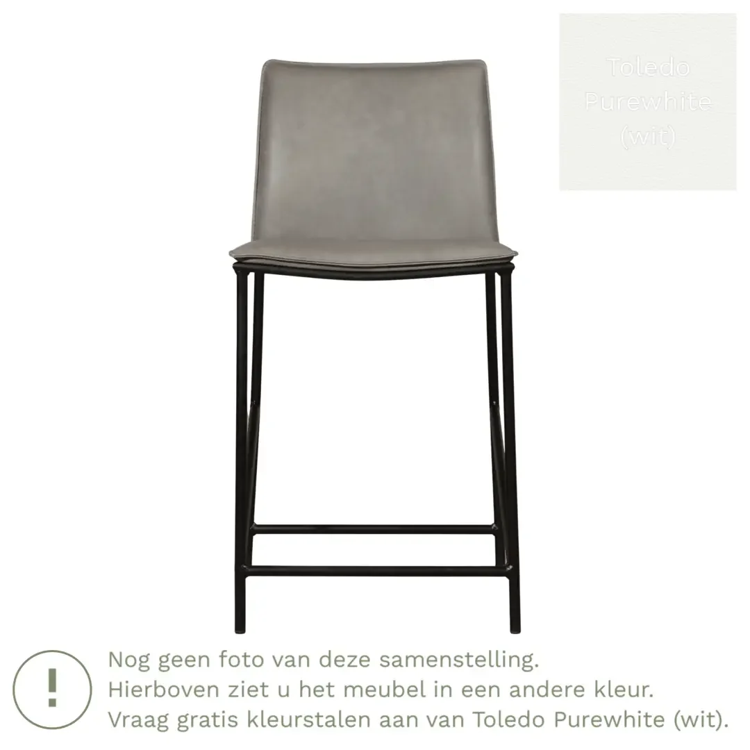 afbeelding van Leren barkruk laag Favor - Toledo Purewhite (wit) - poten staal rond zwart